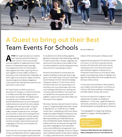 School Team Building Melbourne Urban Quest Article Youthwise magazine